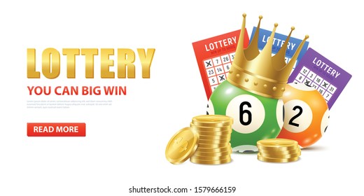 Realistic lottery composition with editable text read more button and images of golden coins and lotto balls vector illustration