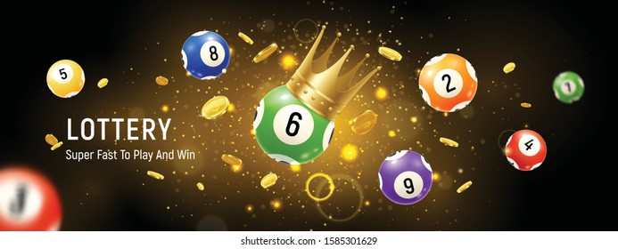 Realistic lotto balls horizontal background composition with text and shining particles with balls and numbers vector illustration