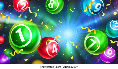 Realistic lotto balls with lucky winning combination numbers. Colourful round spheres falling with gold confetti. Bingo or lottery gambling games. Gaming leisure activity, jackpot or raffle concept.