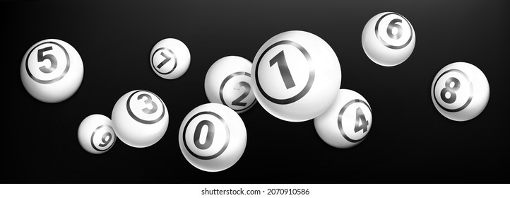 Realistic lotto white balls with numbers of winning combination. Billiard sport game or snooker. Falling lottery bingo gambling glossy spheres isolated on black background.