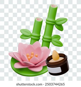 Realistic lotus flower, bamboo stalks with green leaves, cosmetic jar with blank label