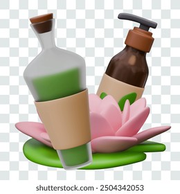 Realistic lotus flower, bottles with cosmetic products. Vector composition for spa services