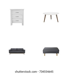 Realistic Lounge, Footstool, Commode And Other Vector Elements. Set Of Furniture Realistic Symbols Also Includes Pouffe, Lounge, Wardrobe Objects.