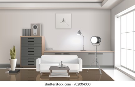 Realistic lounge interior 3d design with white sofa, drawers with loudspeaker, floodlight, clock on wall vector illustration