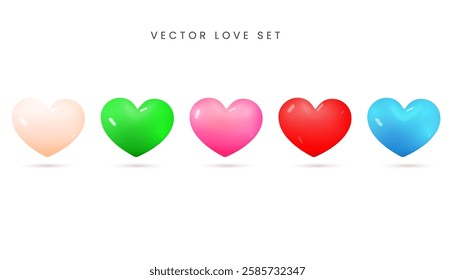 Realistic love collection design. Happy Valentine's Day realistic heart design. Realistic love vector set. Red, green, pink, and blue color 3D realistic heart design template with white background. 