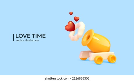 Realistic Love concept with red heart. Love cartoon explosion. Falling in love. Love firework. Realistic 3d canon with red heart. Realistic Elements for romantic design. Abstract cartoon design.