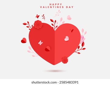 Realistic love paper cut poster design. Happy Valentine's Day decoration background design with paper art red heart, butterfly, rose leaf, and paper rose vector. 