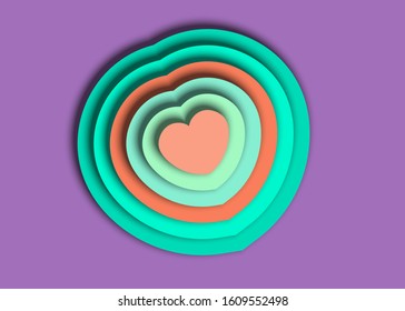 Realistic love papercut background. Multi paper layer style in purple, green and orange colors. Carving vector illustration for design layout, presentations, flyers, posters and invitations. EPS 10.