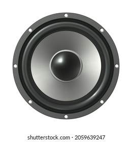 Realistic low frequency speaker. Isolated speaker on white background. Vector illustration.	