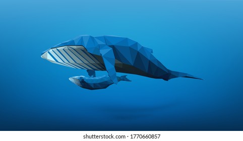 realistic low poly 3D perspective of group Humpback Whales family plays swim near the surface in pacific Ocean sea blue water background and under the reflected beam for vector illustration