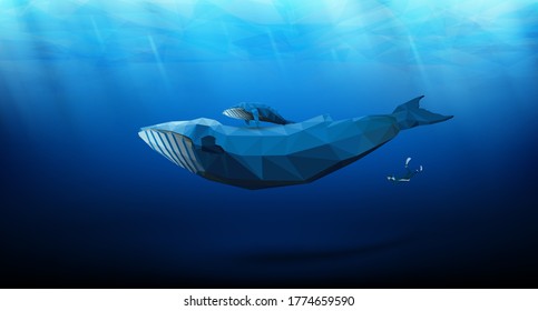 realistic low poly 3D perspective of group Humpback Whales family plays swim near the surface in pacific Ocean sea blue water background and under the reflected beam for vector illustration