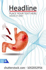 Realistic low poly human stomach and duodenum cover design. Gastric ulcer diseases, helicobacter pylori bacteria attack. Annual report. A4 medical journal, conference, magazine, banner, flyer. Vector