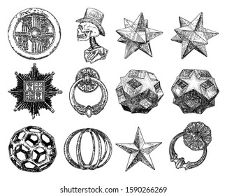 Realistic low polygon geometry shape star crystals and other design elements. 3d geometric drawing. Vector.