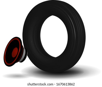 realistic low-noise car tire in a realistic 3D performance on a transparent background with a acoustic speaker icon