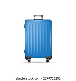 Realistic luggage bag isolated on white background. Large suitcase with metal handle and wheels for vacation travel or business trip. 3d vector illustration