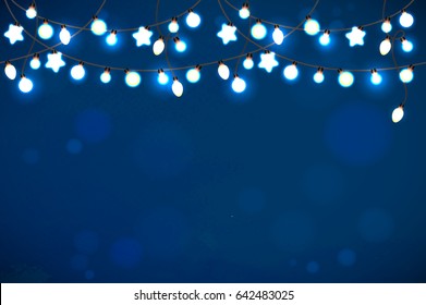 Realistic luminous garland Background. Garland is seamless border. Christmas decoration. Blue background