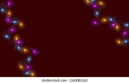 Realistic Luminous Garlands, lights effects. Colored Christmas, New Year decorations. Сelebratory design. Festive decorations on background. Vector illustration