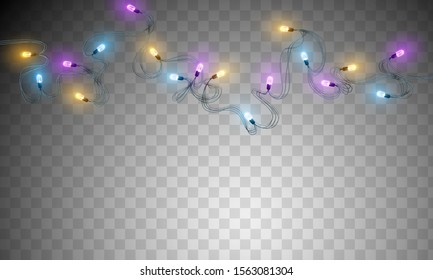 Realistic Luminous Garlands, lights effects. Colored Christmas, New Year decorations. Сelebratory design. Festive decorations on transparent background. Vector illustration