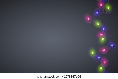 Realistic Luminous Garlands, lights effects. Colored Christmas, New Year decorations. Сelebratory design. Festive decorations on background. Vector illustration