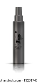 Realistic luxury cosmetic bottle 
in grey color, isolated on white background, mockup, 
3D illustration for branding design and ads, 
template, beauty and hygiene concept.