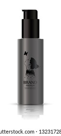 Realistic luxury cosmetic spray bottle 
in grey color, isolated on white background, mockup, 
3D illustration for branding design and ads. 
Vector illustration.
