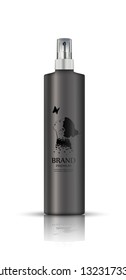 Realistic luxury cosmetic spray bottle 
in grey color, isolated on white background, mockup, 
3D illustration for branding design and ads, 
template, beauty and hygiene concept.