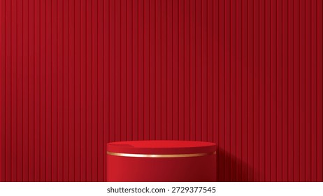 Podio cilíndrico rojo elegante de lujo realista 3d para la presentación de mercancías