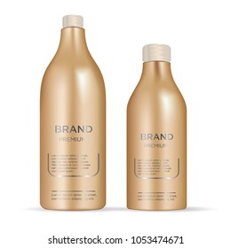 Realistic luxury glamorous set of cosmetic bottles 
in gold on white background, mockup, 
3D illustration for branding design and ads, 
template, beauty and hygiene concept.