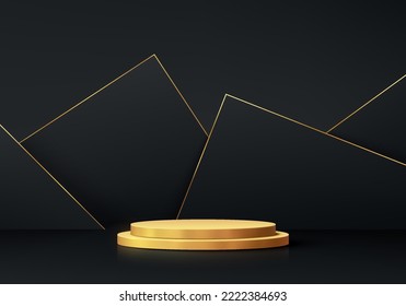 Realistisches Luxus-Gold-Zylinder-Podium mit 3-D-Zylinder mit Schichten überlappen Dreieck-Hintergrund. Schwarzes Freitagthema. Abstrakte geometrische Vektor-Formen. Minimale Szene-Mock-up-Produkte Display, Bühnenvorführung .