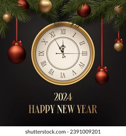 Realistic luxury Happy New Year banner, featuring a clock, balls and pine. Gold and Christmas themed decorations. Suitable for invitations, greetings, and event promotions. Not AI generated.