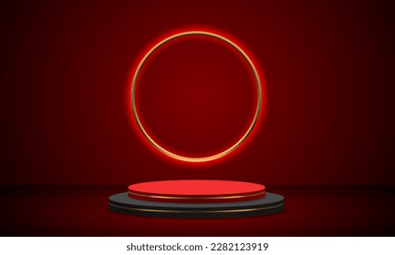 Realistic luxury red black circle podium steps gold line soft light curves vector illustration.