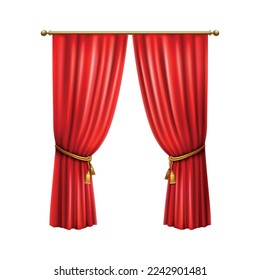 Realistic luxury red curtains with golden tassels for living room interior vector illustration