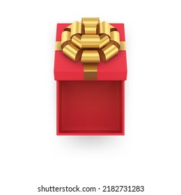 Realistic luxury red squared wrapped gift box decorated by golden metallic bow ribbon 3d template vector illustration. Top view empty cardboard pack open cap ready to putting desired present isolated
