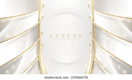 Realistic luxury white background with 3d golden curve lines element and glitter light effect decoration and bokeh.