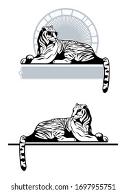 Tigre blanco mentiroso, con gafas y sin ella. Concepto de diseño del logo animal, aislado en fondo blanco.
