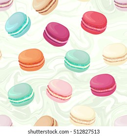 Realistic macaroons colorful seamless pattern. Trendy confectionery texture with different colors classic french almond cookies on marble background.