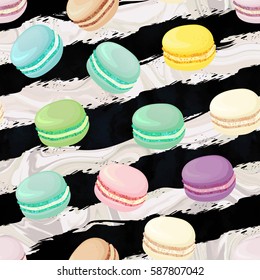 Realistic macaroons colorful seamless pattern. Trendy confectionery texture with different colors classic french almond cookies on art stroke stripes, marble background.