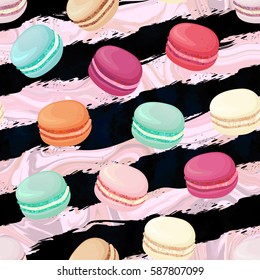 Realistic macaroons colorful seamless pattern. Trendy confectionery texture with different colors classic french almond cookies on art stroke stripes, marble background.