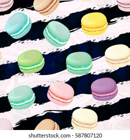 Realistic macaroons colorful seamless pattern. Trendy confectionery texture with different colors classic french almond cookies on art stroke stripes, marble background.