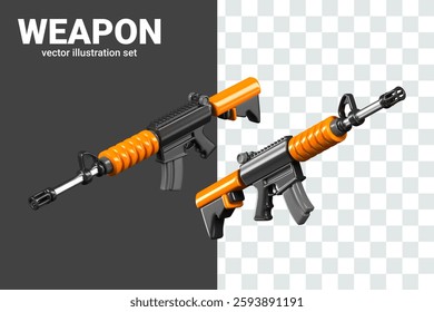 Realistic machine gun in different positions. Vector firearms. Set of detailed images
