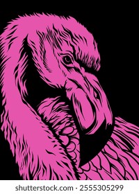 realistic macro drawing of a pink flamingo. in black and pink version.