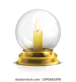 Realistic magic ball with light candle isolated on white background. Glossy transparent glass ball, vector illustration