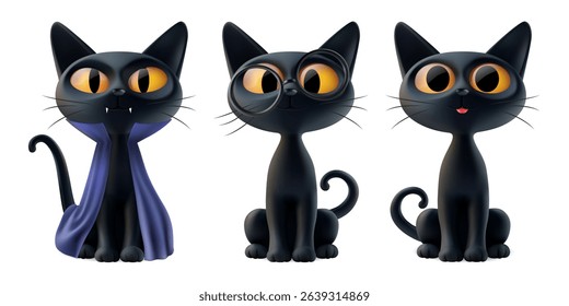Realistic magic black cat set, 3d halloween ginger eye devil in costume dracula, smart kitten in eyeglasses, surprised curious pet with tongue out. Sitting pose isolated quirky spooky character render