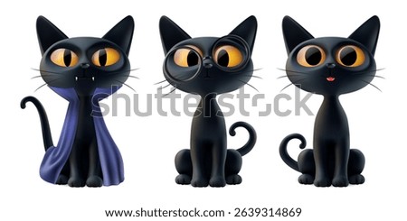 Realistic magic black cat set, 3d halloween ginger eye devil in costume dracula, smart kitten in eyeglasses, surprised curious pet with tongue out. Sitting pose isolated quirky spooky character render