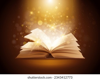 Realistic magic book. Mystical or religion books with spiritual spells bright lights shine effect in night, old spellbook magical literature writer, vector illustration of realistic magic and mystic