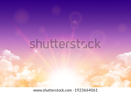 Realistic magic bright orange desert sky with sun, sunbeam and white clouds. Vector background of daytime sunny sky.