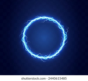 Realistic magic circle of thunder storm blue lightnings. Magic and bright lighting effects. Electric circle. Round frame with electricity and lightnings.