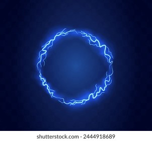 Realistic magic circle of thunder storm blue lightnings. Magic and bright lighting effects. Electric circle. Round frame with electricity and lightnings.