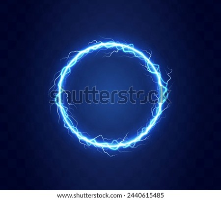 Realistic magic circle of thunder storm blue lightnings. Magic and bright lighting effects. Electric circle. Round frame with electricity and lightnings.