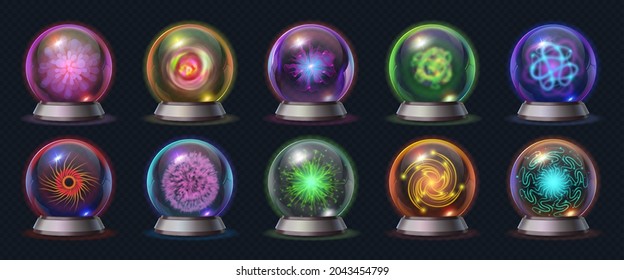 Realistic Magic Crystal Ball With Glowing Energy And Lightnings. Fortune Predict Sphere, Occult Glass Globe With Mystical Effects Vector Set. Mystic Ball For Magician Or Fortune Teller